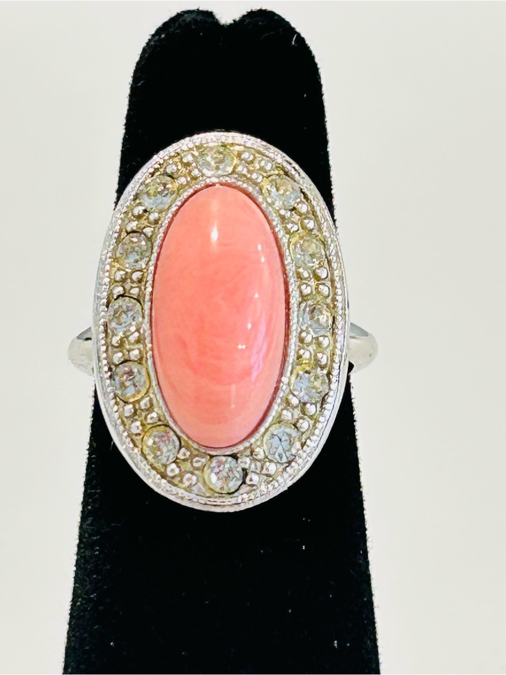 Vintage Avon Pale Fire Ring Faux Coral Cabochon Silvertone Size 4.25 Adjustable